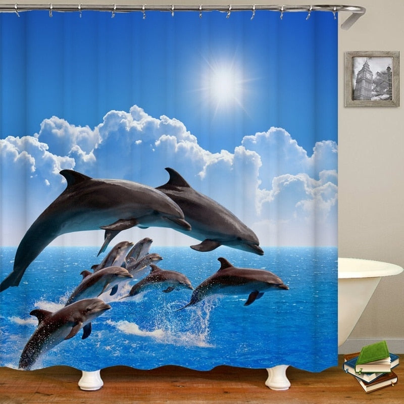 3D Elephant Print Bathroom Sets Ocean Dolphin Deep Sea Shower Curtain With 12 Hooks Pedestal Rug Lid Toilet Cover Bath Mat Set