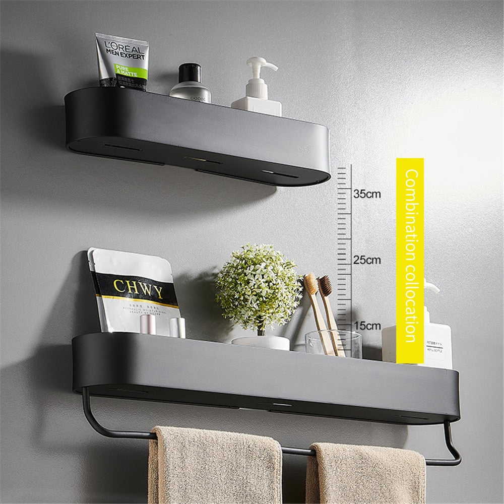 Bathroom Wall Shelf Aluminum Shampoo Rack With Towel Bar Rustic Home Decor Storage Rack Shelves Holder For Bedroom Kitchen Spice