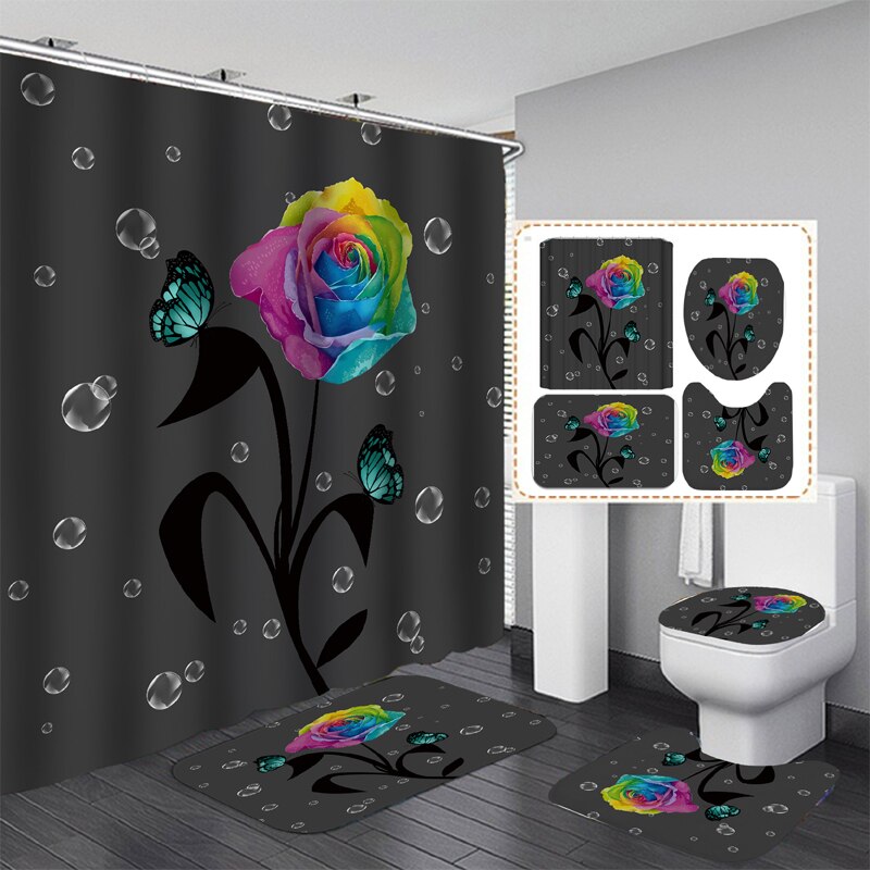 Butterfly Rose Flower Shower Curtain Sets Non-Slip Rugs Bath Mat Toilet Lid Cover 12 Hooks Waterproof Polyester Bathroom Decor