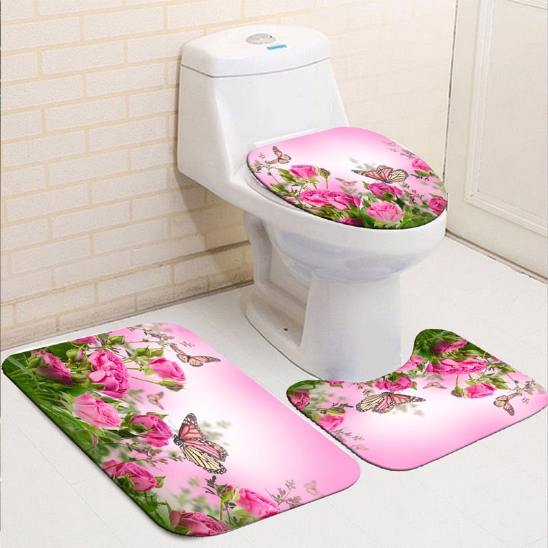 Butterfly Rose Flower Shower Curtain Sets Non-Slip Rugs Bath Mat Toilet Lid Cover 12 Hooks Waterproof Polyester Bathroom Decor