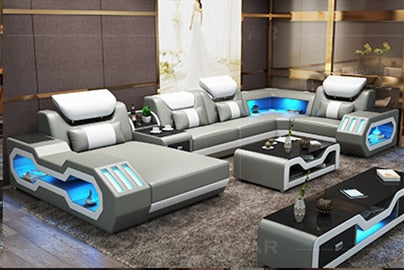 Living Room Furniture 5 Seats U Shaped Corner Sectional Leather Sofa +Coffee table+Tv Stand with Led lighting Sofa Set