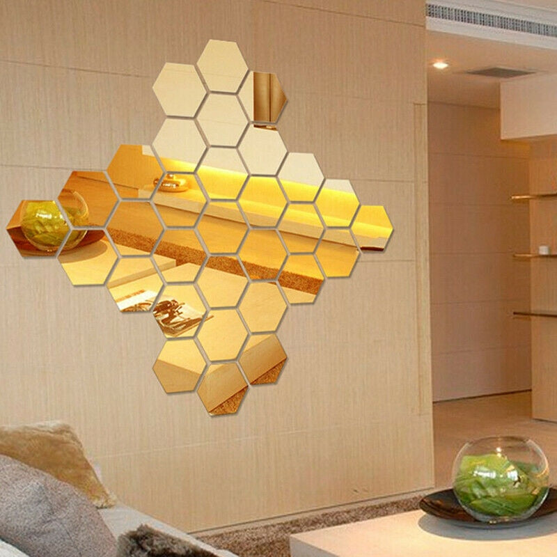 12pcs Hexagonal Stereo Mirror Wall Stickers Aisle Personality Living Room Background Wall Home Decoration Stickers