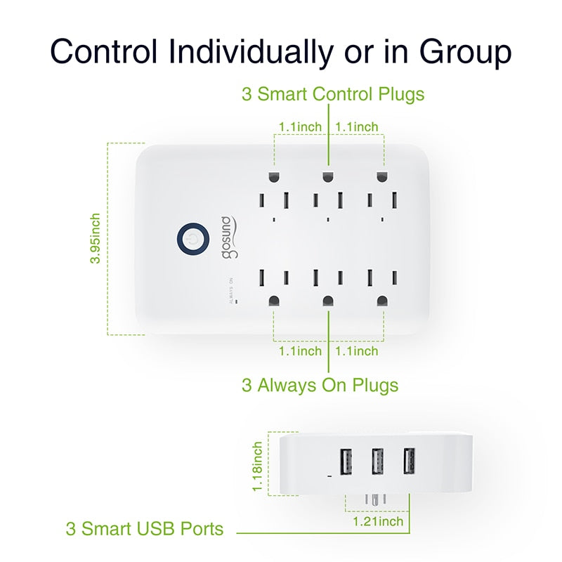 Gosund P2 Smart Wall Outlet Extender 3 USB Ports 6 AC Outlets Sockets Plug Extender for Alexa Google 90 Days Free Replacement