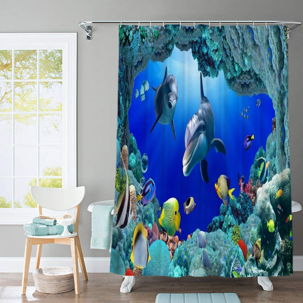 3D Elephant Print Bathroom Sets Ocean Dolphin Deep Sea Shower Curtain With 12 Hooks Pedestal Rug Lid Toilet Cover Bath Mat Set