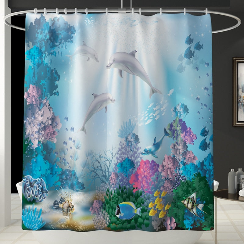 3D Elephant Print Bathroom Sets Ocean Dolphin Deep Sea Shower Curtain With 12 Hooks Pedestal Rug Lid Toilet Cover Bath Mat Set