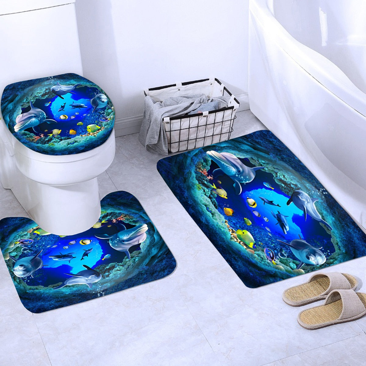 3D Elephant Print Bathroom Sets Ocean Dolphin Deep Sea Shower Curtain With 12 Hooks Pedestal Rug Lid Toilet Cover Bath Mat Set