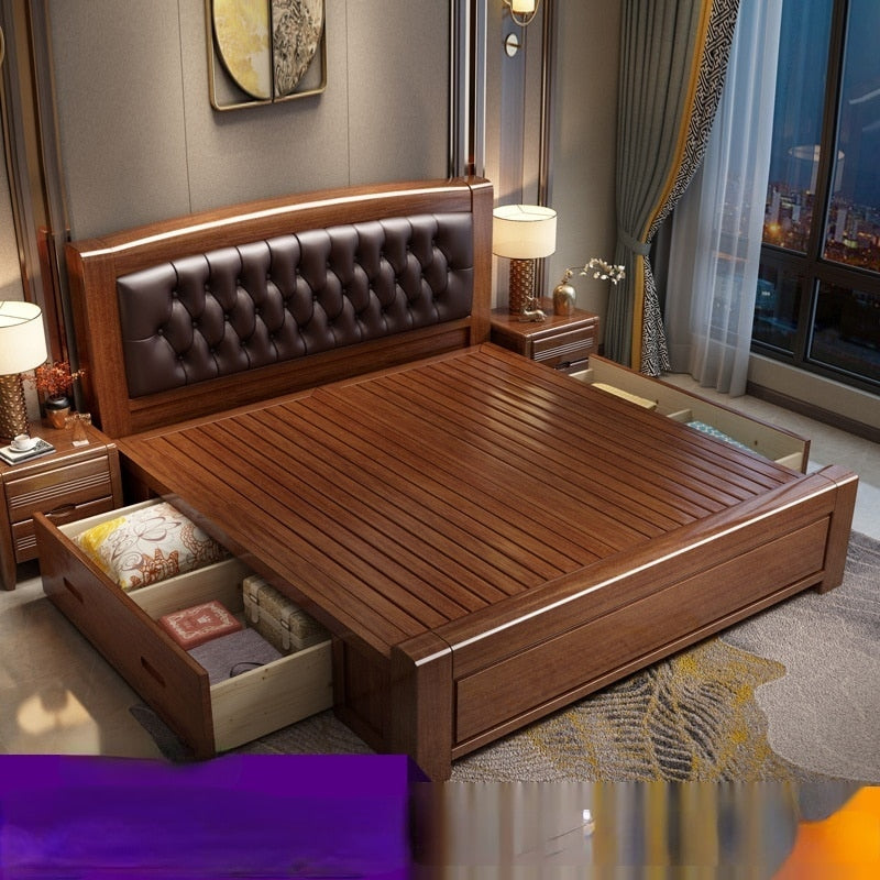 solid wood bed master bedroom double bed 1.8m1.5m modern new Chinese bedroom storage leather soft wedding bed