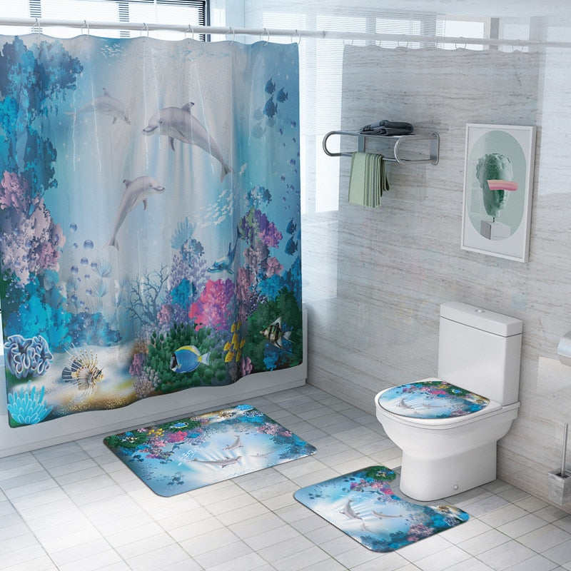 3D Elephant Print Bathroom Sets Ocean Dolphin Deep Sea Shower Curtain With 12 Hooks Pedestal Rug Lid Toilet Cover Bath Mat Set