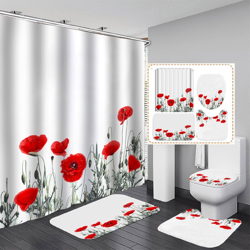 Butterfly Rose Flower Shower Curtain Sets Non-Slip Rugs Bath Mat Toilet Lid Cover 12 Hooks Waterproof Polyester Bathroom Decor