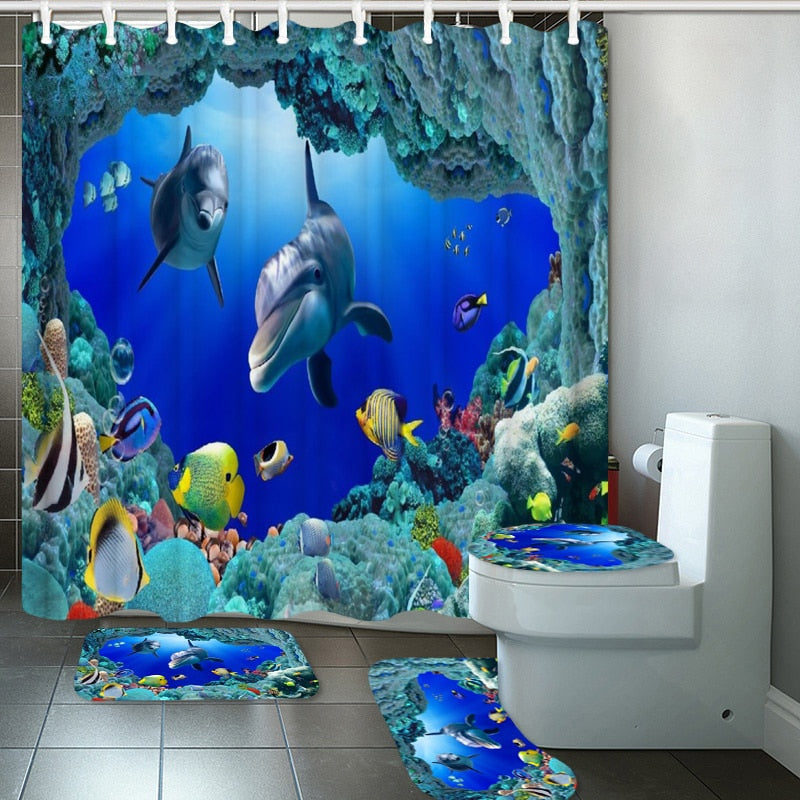 3D Elephant Print Bathroom Sets Ocean Dolphin Deep Sea Shower Curtain With 12 Hooks Pedestal Rug Lid Toilet Cover Bath Mat Set