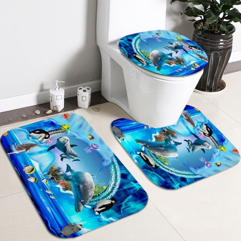 3D Elephant Print Bathroom Sets Ocean Dolphin Deep Sea Shower Curtain With 12 Hooks Pedestal Rug Lid Toilet Cover Bath Mat Set