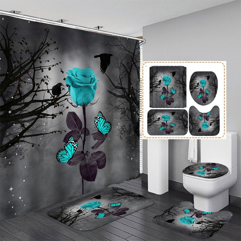 Butterfly Rose Flower Shower Curtain Sets Non-Slip Rugs Bath Mat Toilet Lid Cover 12 Hooks Waterproof Polyester Bathroom Decor