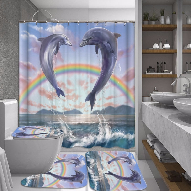 3D Elephant Print Bathroom Sets Ocean Dolphin Deep Sea Shower Curtain With 12 Hooks Pedestal Rug Lid Toilet Cover Bath Mat Set