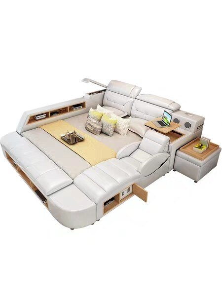 Genuine Leather multifunctional massage bed frame modern Nordic camas ultimate bed With storage LED light Bluetooth speaker safe