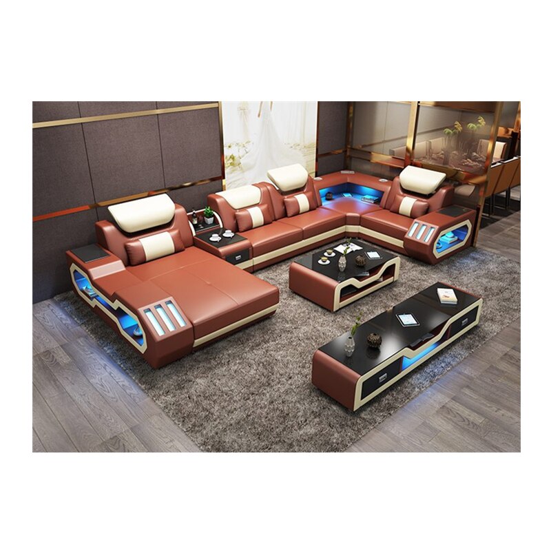 Living Room Furniture 5 Seats U Shaped Corner Sectional Leather Sofa +Coffee table+Tv Stand with Led lighting Sofa Set