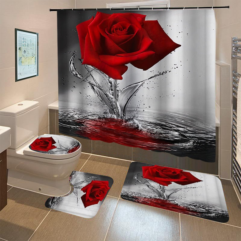 Butterfly Rose Flower Shower Curtain Sets Non-Slip Rugs Bath Mat Toilet Lid Cover 12 Hooks Waterproof Polyester Bathroom Decor