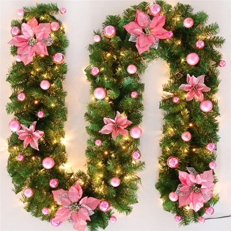 2.7m Luxury Christmas LED Cane Wreath Decoration With Lanterns Green Artificial Christmas Tree Banner Party New Year&#39;s door Wrea