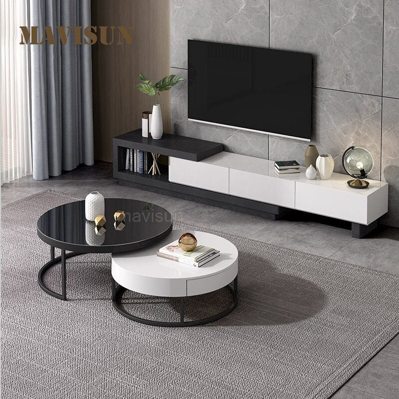 White Square Coffee Table Set Two-piece Italian Designer New Modern Minimalist Style Extendable Tv Cabinet For Living Room