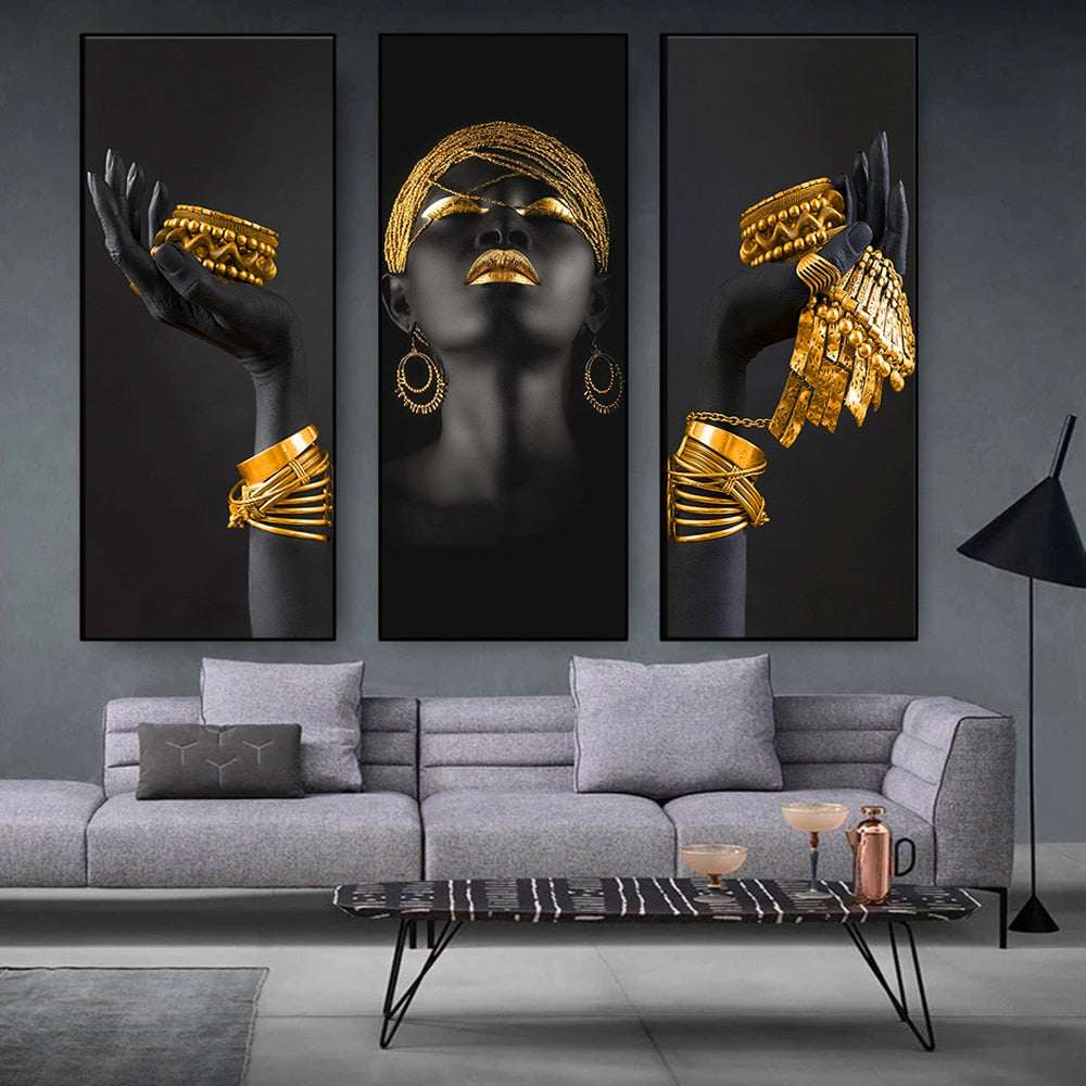 African woman wall art painting art posters and prints big black woman holding gold jewelry canvas picture home decor