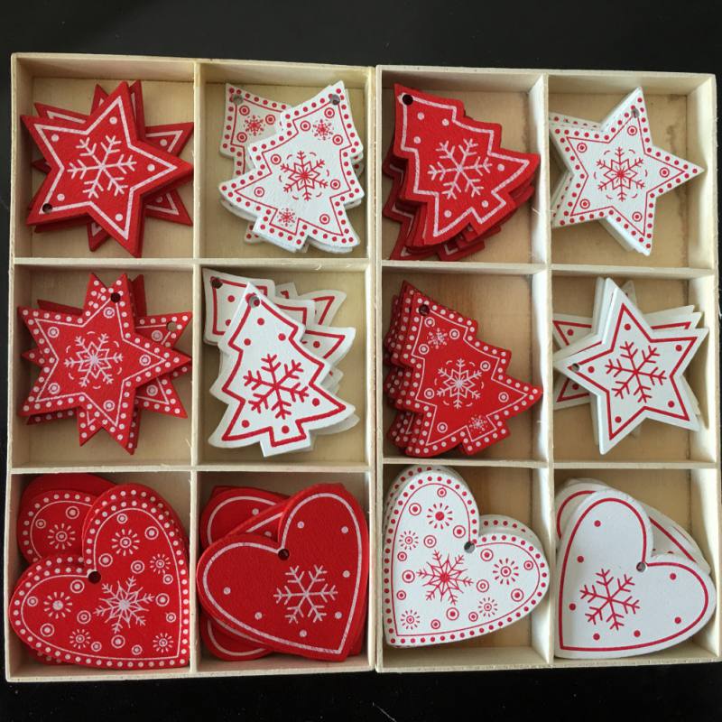 30pcs/lot Christmas Ornament Rustic Star Red Heart Christmas Tree Wooden Hanging Ornament For DIY Wedding Birthday Party Decor