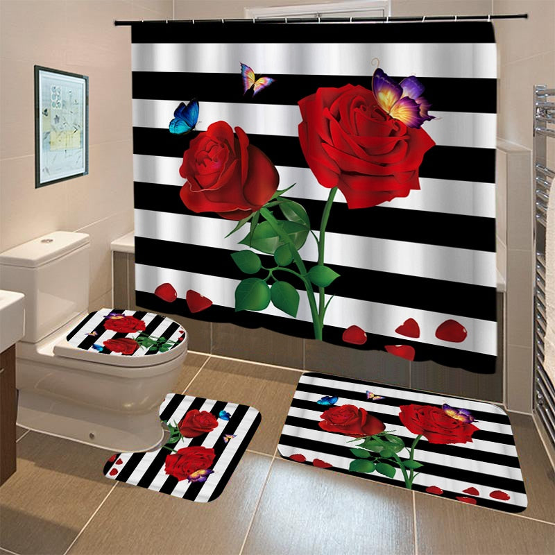 Butterfly Rose Flower Shower Curtain Sets Non-Slip Rugs Bath Mat Toilet Lid Cover 12 Hooks Waterproof Polyester Bathroom Decor