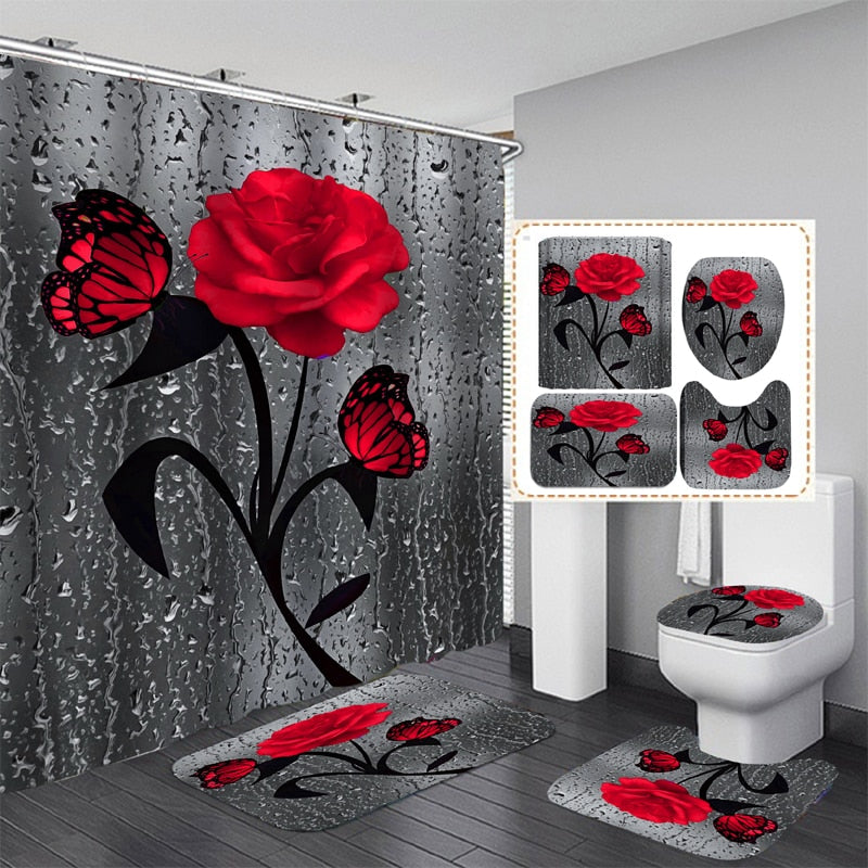 Butterfly Rose Flower Shower Curtain Sets Non-Slip Rugs Bath Mat Toilet Lid Cover 12 Hooks Waterproof Polyester Bathroom Decor