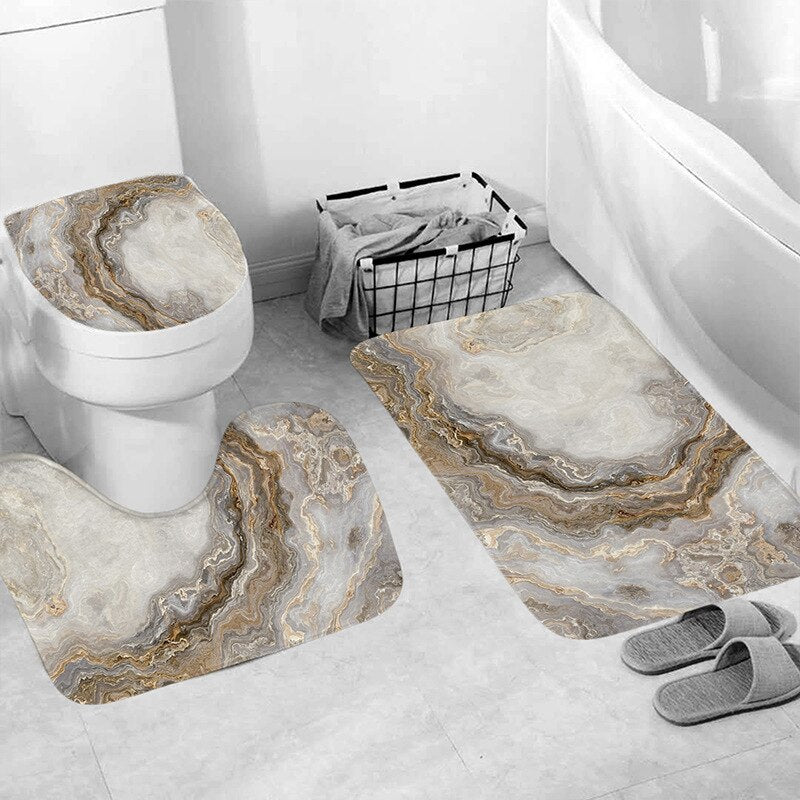 Marble White Shower Curtain Set with Non Slip Rug Bath Mat Carpet Modern Bathroom Curtains Toilet Lid Cover Home Decoration