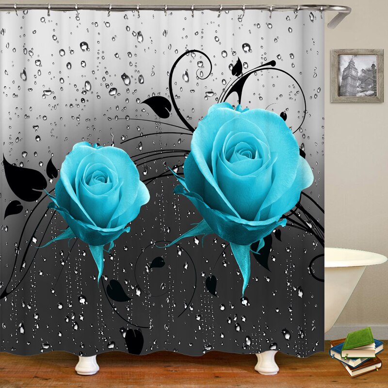 Butterfly Rose Flower Shower Curtain Sets Non-Slip Rugs Bath Mat Toilet Lid Cover 12 Hooks Waterproof Polyester Bathroom Decor