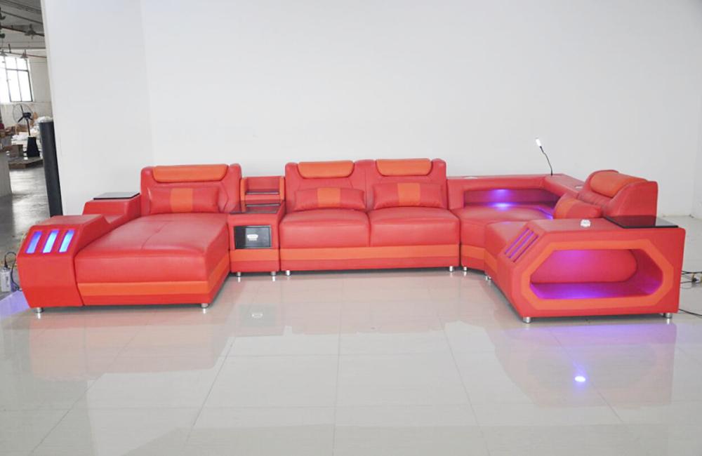 Living Room Furniture 5 Seats U Shaped Corner Sectional Leather Sofa +Coffee table+Tv Stand with Led lighting Sofa Set