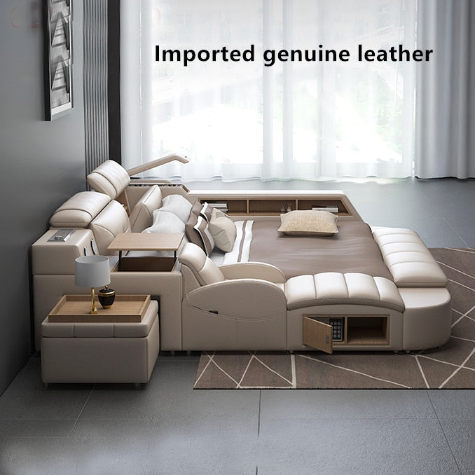 Genuine Leather multifunctional massage bed frame modern Nordic camas ultimate bed With storage LED light Bluetooth speaker safe