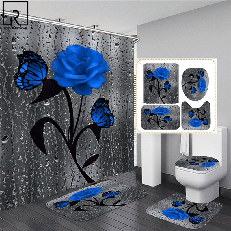 5 Colors Rose Print 3D Shower Curtain Waterproof Polyester Bathroom Curtain Anti-slip Bath Mat Set Toilet Rugs Carpet Home Decor