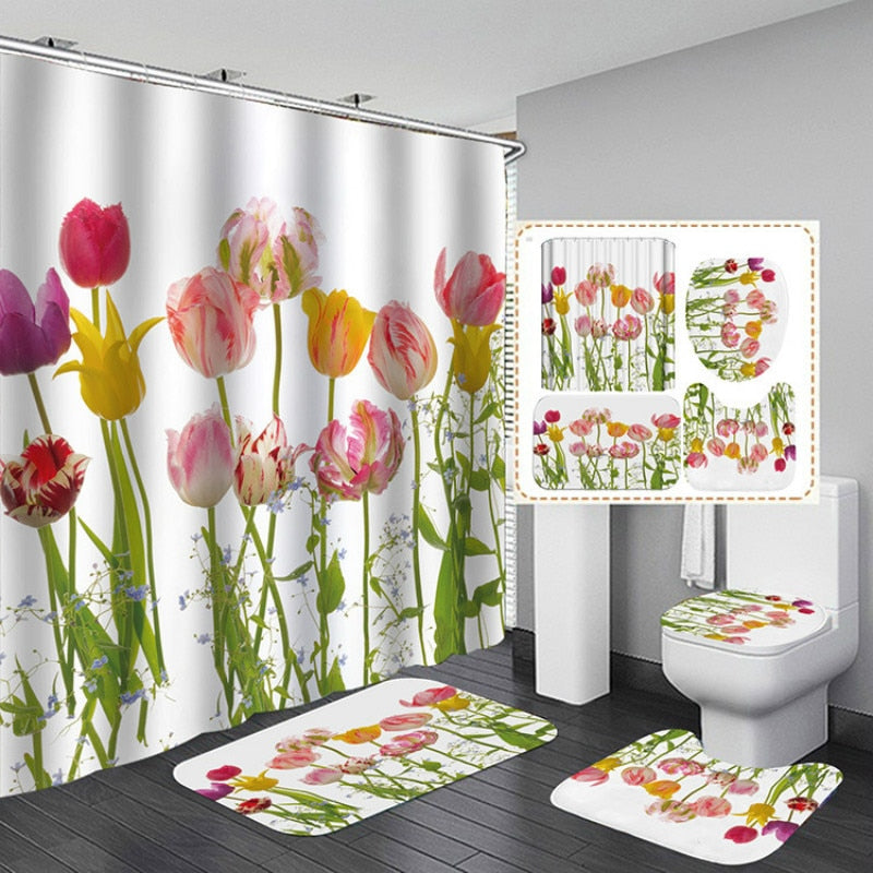 Pink Big Flowers Printed Shower Curtain Set with Rug Anti-slip Carpet Bathtub Toilet Screen Waterproof Bathroom Decor with Hooks