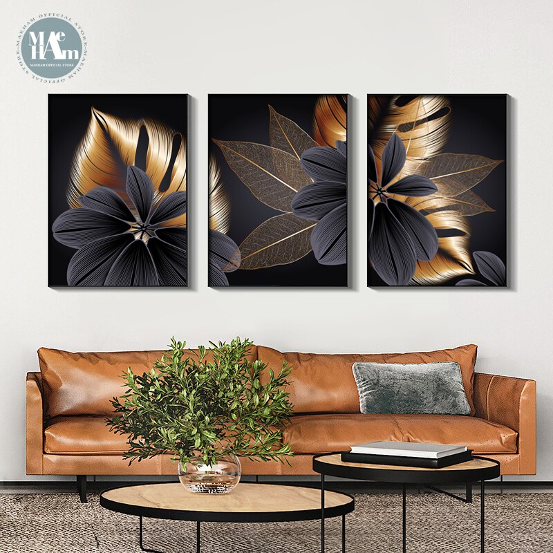 Nordic Black Golden Plant Leaf Canvas Posters Print Modern Abstract Wall Art Painting Decoration Picture Living Room Home Decor