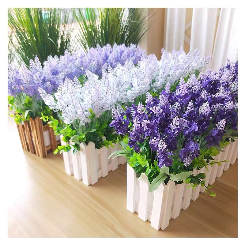 Artificial Flowers Flocked Plastic Lavender Bundle Fake Plants Wedding Bridle Bouquet Indoor Outdoor Home Kitchen Office Table