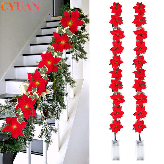 2m 10LED Christmas Poinsettia Flowers Decorations Garland String Lights Xmas Tree Ornaments Christmas Indoor Outdoor Home Decor