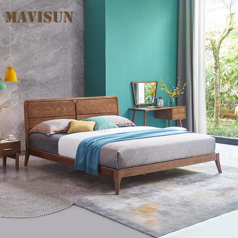 New Classical Nordic Ash Wood Double Bed Contemporary Wooden Backrest Simple Japanese-Style Master Bed Furniture For Bedroom