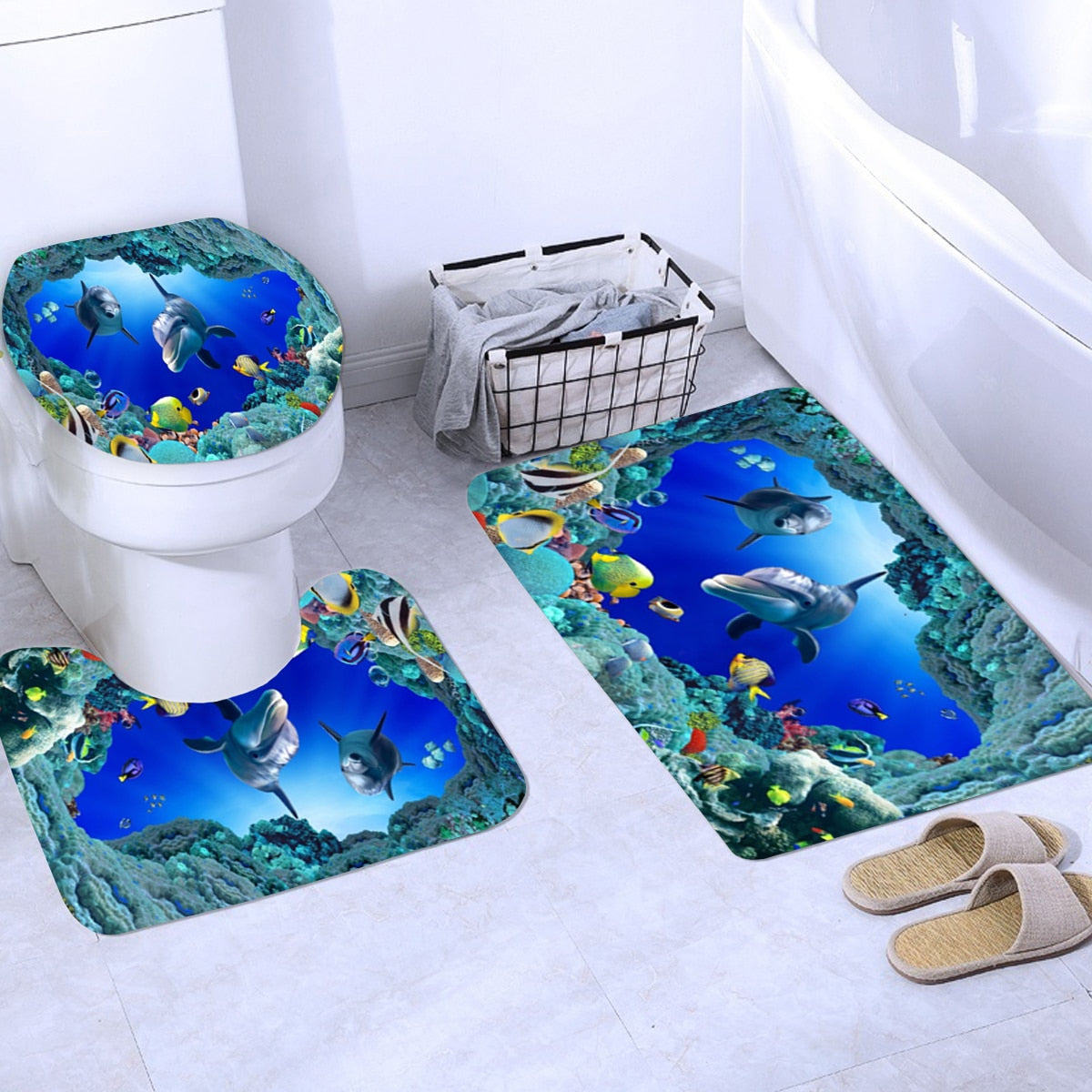 3D Elephant Print Bathroom Sets Ocean Dolphin Deep Sea Shower Curtain With 12 Hooks Pedestal Rug Lid Toilet Cover Bath Mat Set