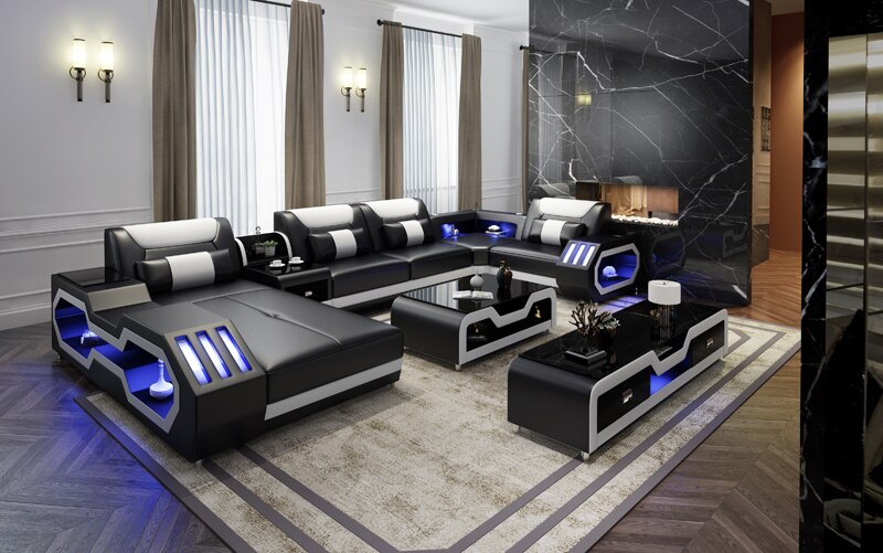 Living Room Furniture 5 Seats U Shaped Corner Sectional Leather Sofa +Coffee table+Tv Stand with Led lighting Sofa Set