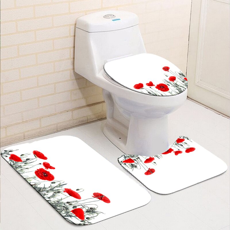 Butterfly Rose Flower Shower Curtain Sets Non-Slip Rugs Bath Mat Toilet Lid Cover 12 Hooks Waterproof Polyester Bathroom Decor