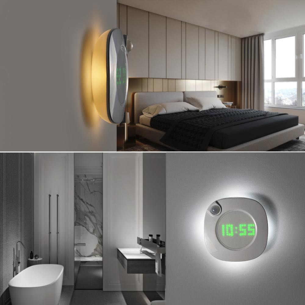 PIR Motion Sensor LED Clock Digital Display Rotate Dimmable Night Clock Lights White/ Warm White USB/Battery Powered Wall Clock