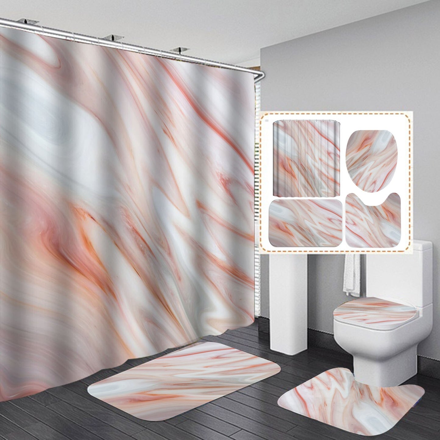 Marble White Shower Curtain Set with Non Slip Rug Bath Mat Carpet Modern Bathroom Curtains Toilet Lid Cover Home Decoration