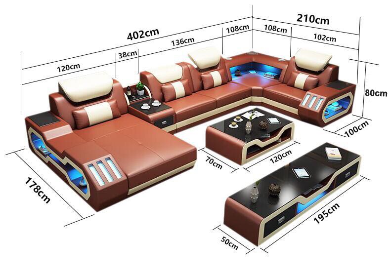 Living Room Furniture 5 Seats U Shaped Corner Sectional Leather Sofa +Coffee table+Tv Stand with Led lighting Sofa Set