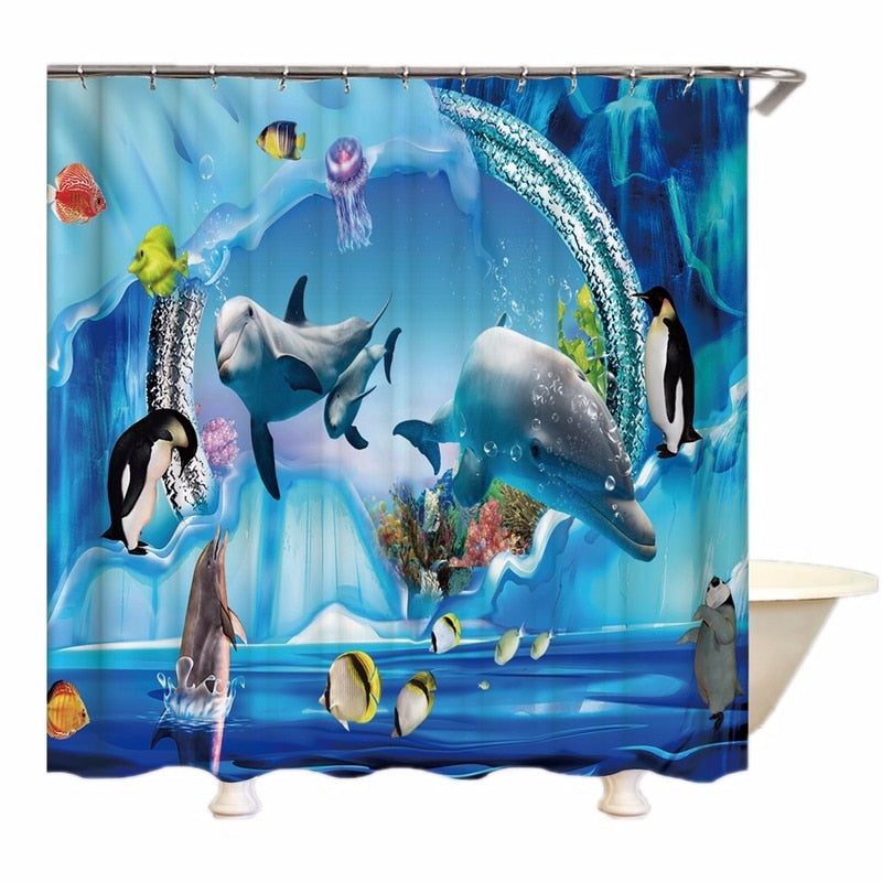 3D Elephant Print Bathroom Sets Ocean Dolphin Deep Sea Shower Curtain With 12 Hooks Pedestal Rug Lid Toilet Cover Bath Mat Set