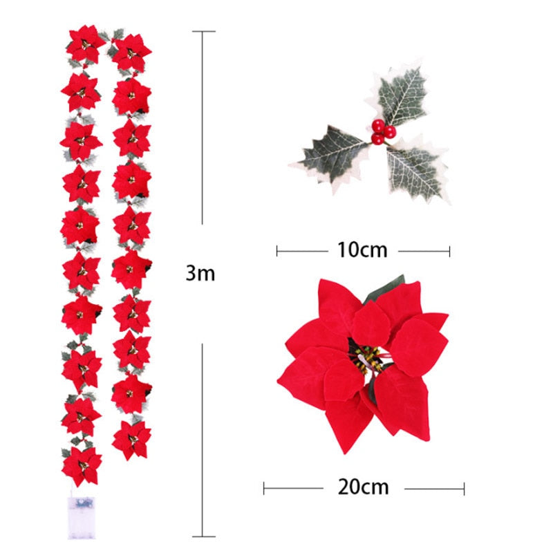 2m 10LED Christmas Poinsettia Flowers Decorations Garland String Lights Xmas Tree Ornaments Christmas Indoor Outdoor Home Decor