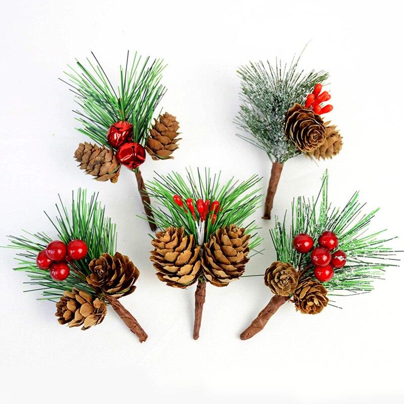 5pcs Christmas Pine Cones Ornaments DIY Red Stamen Berrie Branch Xmas Tree Pendant Wedding Christmas Decorations for Home Party