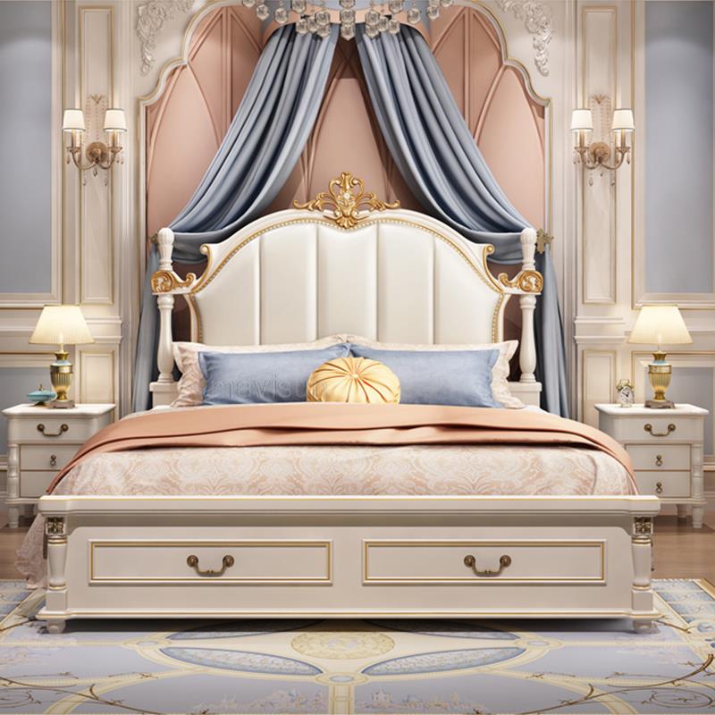 Household Bedroom Furniture Set Luxury King Size American Princess Bed Girl Liked Antique Solid Wood Carved Master Bed 1.8M