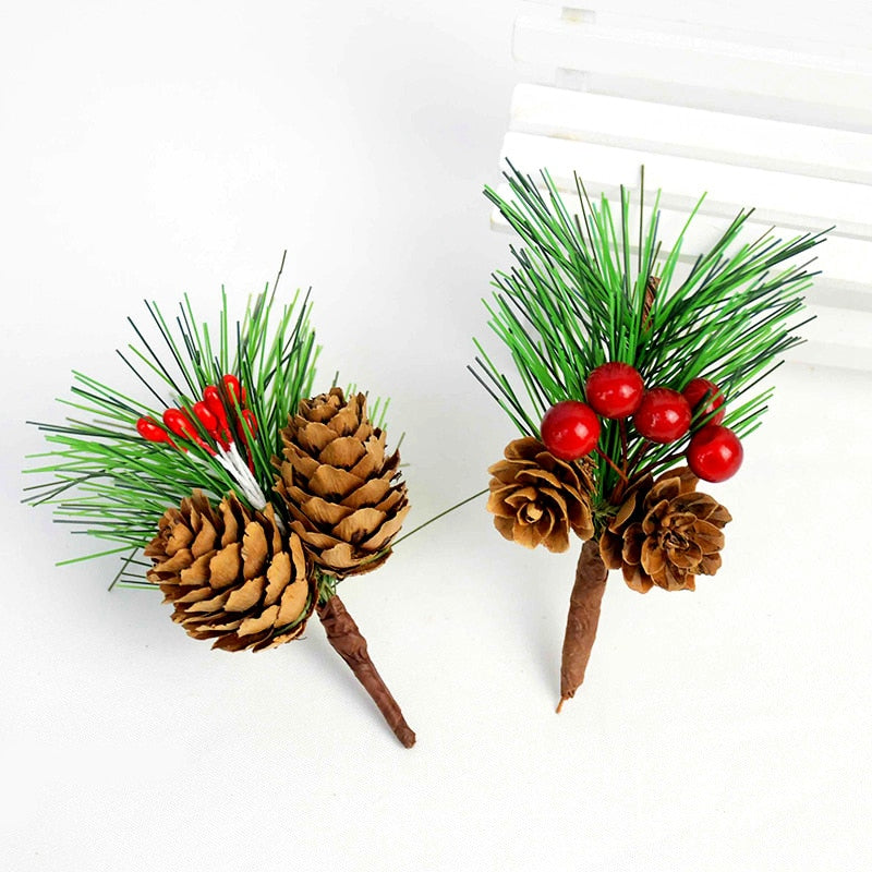 5pcs Christmas Pine Cones Ornaments DIY Red Stamen Berrie Branch Xmas Tree Pendant Wedding Christmas Decorations for Home Party