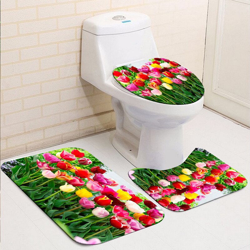 Butterfly Rose Flower Shower Curtain Sets Non-Slip Rugs Bath Mat Toilet Lid Cover 12 Hooks Waterproof Polyester Bathroom Decor