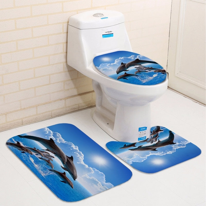 3D Elephant Print Bathroom Sets Ocean Dolphin Deep Sea Shower Curtain With 12 Hooks Pedestal Rug Lid Toilet Cover Bath Mat Set