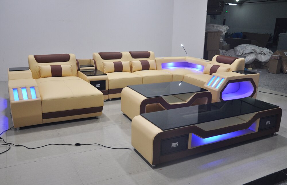 Living Room Furniture 5 Seats U Shaped Corner Sectional Leather Sofa +Coffee table+Tv Stand with Led lighting Sofa Set